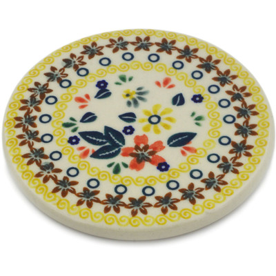 Polish Pottery Coaster 3&quot; Red Anemone Meadow UNIKAT