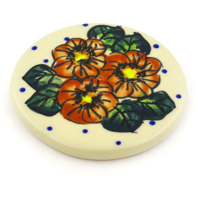 Polish Pottery Coaster 3&quot; Red Bouquet