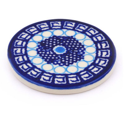 Polish Pottery Coaster 3&quot; Tribal Blue