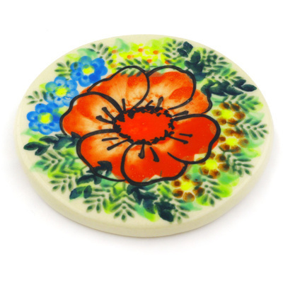 Polish Pottery Coaster 4&quot; Bold Red Poppies UNIKAT