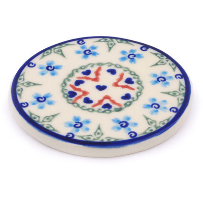 Polish Pottery Coaster 4&quot; Little Blue Flowers