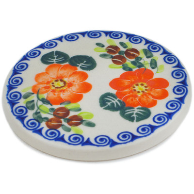 Polish Pottery Coaster 4&quot; Red Blossom