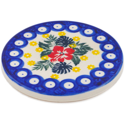 Polish Pottery Coaster 4&quot; Tropical Peacock UNIKAT