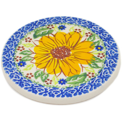 Polish Pottery Coaster 4&quot; Yellow Petal Bliss UNIKAT