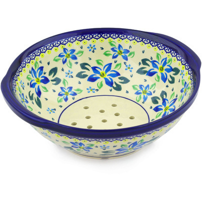 Polish Pottery Colander 10&quot; Blue Clematis