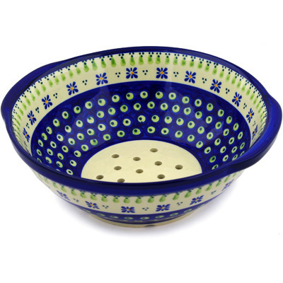 Polish Pottery Colander 10&quot; Green Gingham Peacock