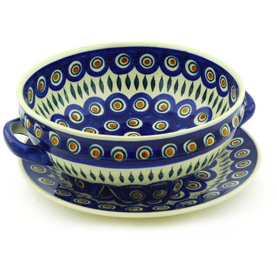 Polish Pottery Colander with Plate 10&quot; Blue Peacock