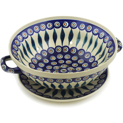 Polish Pottery Colander with Plate 11&quot; Peacock