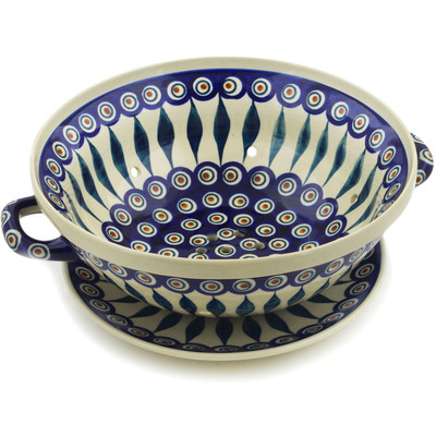 Polish Pottery Colander with Plate 11&quot; Peacock Leaves