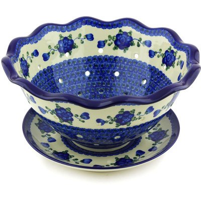 Polish Pottery Colander with Plate 13&quot; Blue Poppies
