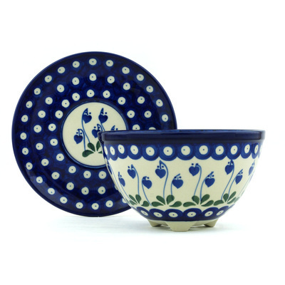 Polish Pottery Colander with Plate 6&quot; Bleeding Heart Peacock