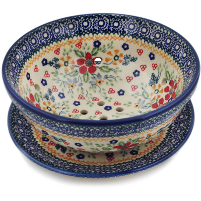 Polish Pottery Colander with Plate 7&quot; Ruby Bouquet UNIKAT