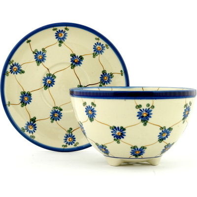 Polish Pottery Colander with Plate 8&quot; Aster Trellis