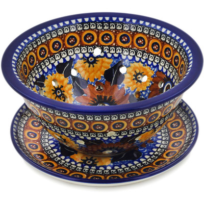 Polish Pottery Colander with Plate 8&quot; Autumn Chrysanthemums UNIKAT