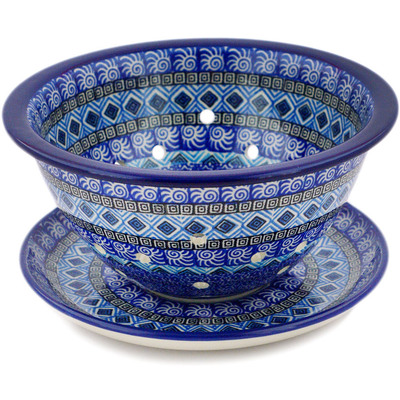 Polish Pottery Colander with Plate 8&quot; Aztec Sky