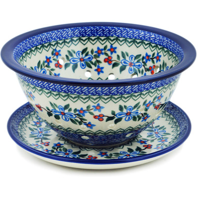 Polish Pottery Colander with Plate 8&quot; Azure Blooms