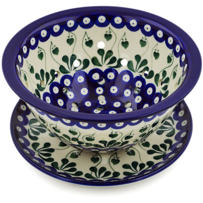 Polish Pottery Colander with Plate 8&quot; Bleeding Heart Peacock