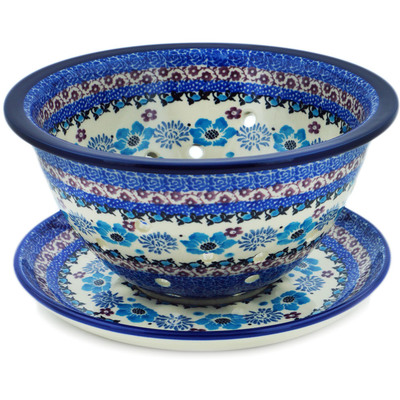 Polish Pottery Colander with Plate 8&quot; Blooming Blues