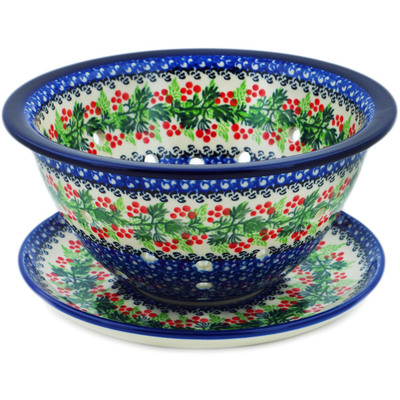 Polish Pottery Colander with Plate 8&quot; Blooming Rowan