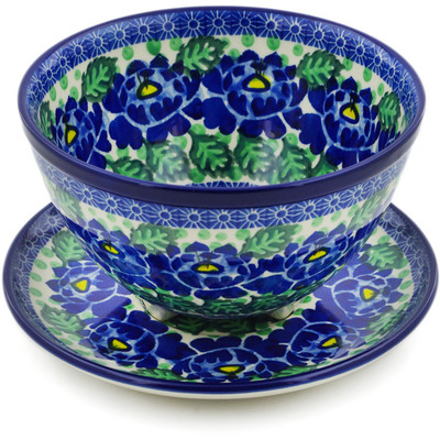 Polish Pottery Colander with Plate 8&quot; Blue Bliss