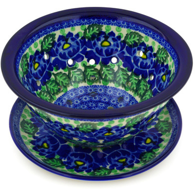 Polish Pottery Colander with Plate 8&quot; Blue Bliss