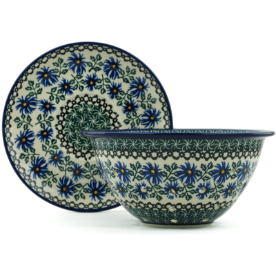 Polish Pottery Colander with Plate 8&quot; Blue Chicory
