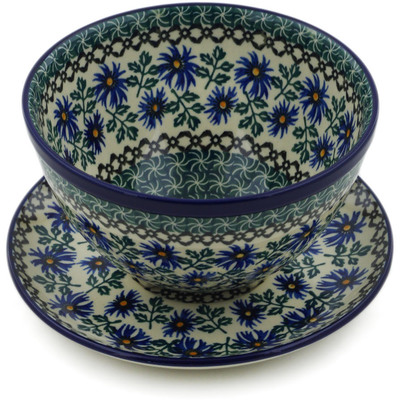 Polish Pottery Colander with Plate 8&quot; Blue Chicory