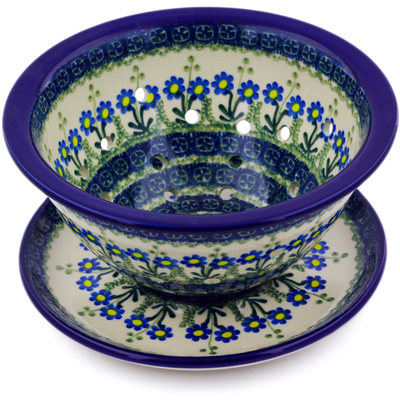 Polish Pottery Colander with Plate 8&quot; Blue Daisy Circle