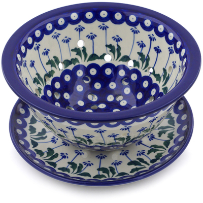 Polish Pottery Colander with Plate 8&quot; Blue Daisy Peacock