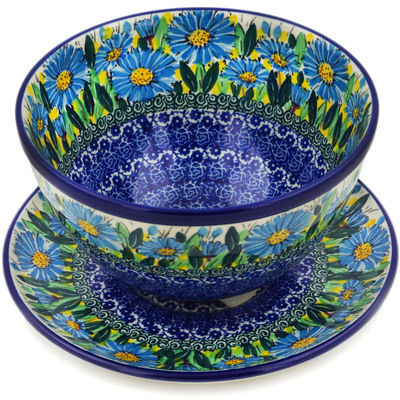 Polish Pottery Colander with Plate 8&quot; Blue Daisy UNIKAT