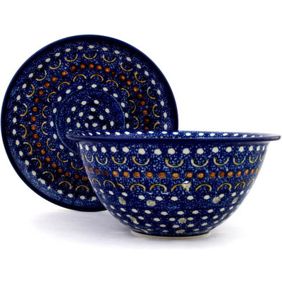 Polish Pottery Colander with Plate 8&quot; Blue Horizons