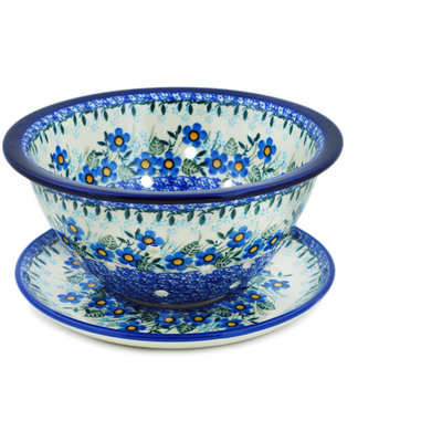 Polish Pottery Colander with Plate 8&quot; Blue Joy