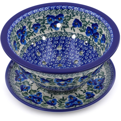 Polish Pottery Colander with Plate 8&quot; Blue Pansy