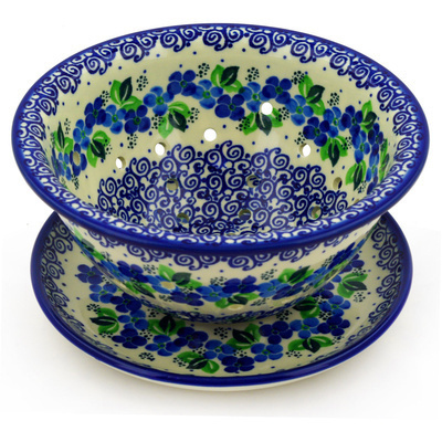 Polish Pottery Colander with Plate 8&quot; Blue Phlox
