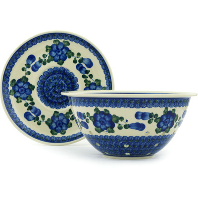 Polish Pottery Colander with Plate 8&quot; Blue Poppies