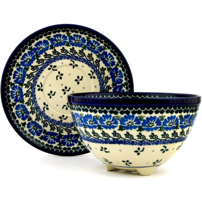 Polish Pottery Colander with Plate 8&quot; Blue Poppy Chain