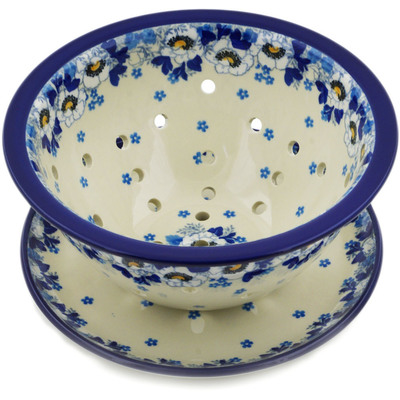 Polish Pottery Colander with Plate 8&quot; Blue Spring