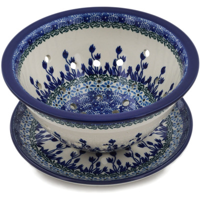 Polish Pottery Colander with Plate 8&quot; Blue Tulips On White