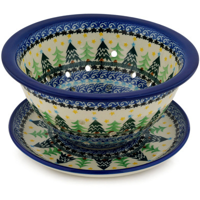 Polish Pottery Colander with Plate 8&quot; Christmas Evergreen