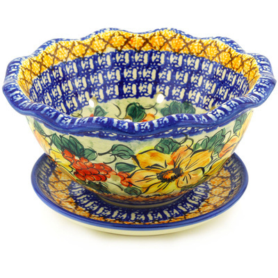 Polish Pottery Colander with Plate 8&quot; Colorful Bouquet UNIKAT