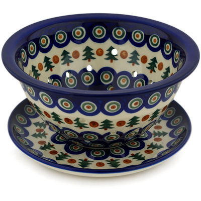 Polish Pottery Colander with Plate 8&quot; Cranberries And Evergreen