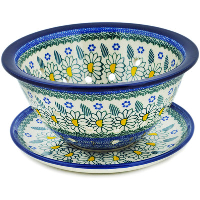 Polish Pottery Colander with Plate 8&quot; Crazy Daisy