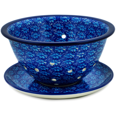 Polish Pottery Colander with Plate 8&quot; Deep Into The Blue Sea