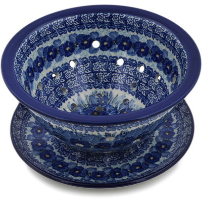 Polish Pottery Colander with Plate 8&quot; Deep Winter UNIKAT