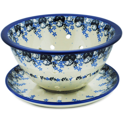 Polish Pottery Colander with Plate 8&quot; Flowers At Dusk