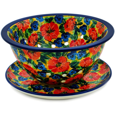 Polish Pottery Colander with Plate 8&quot; Flowers Collected On A Sunny Day UNIKAT