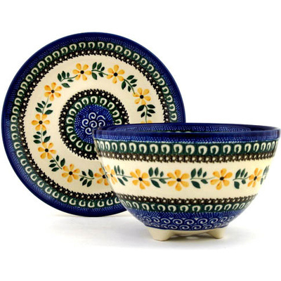 Polish Pottery Colander with Plate 8&quot; Golden Daisy Swirl