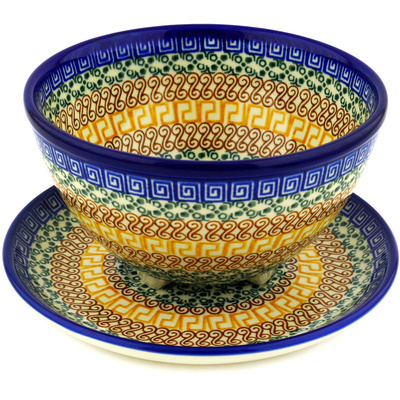 Polish Pottery Colander with Plate 8&quot; Grecian Sea