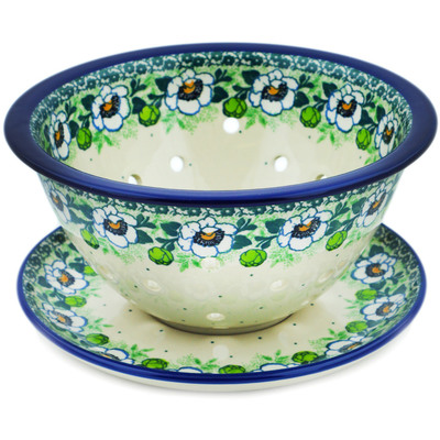 Polish Pottery Colander with Plate 8&quot; Green Flora