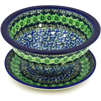 Polish Pottery Colander with Plate 8&quot; Kiwi Flower
